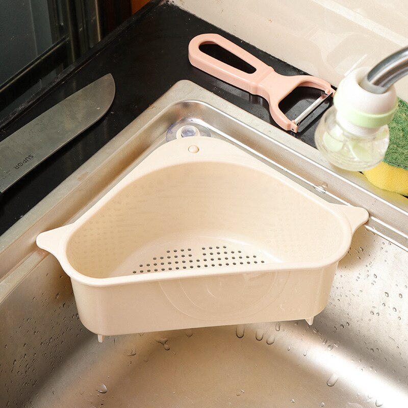 Multifunktionel hjørnevask afløbsstativ hylde sugekop vask afløbskurv skål svampholder køkken badeværelse opbevaringsholder: Abrikos