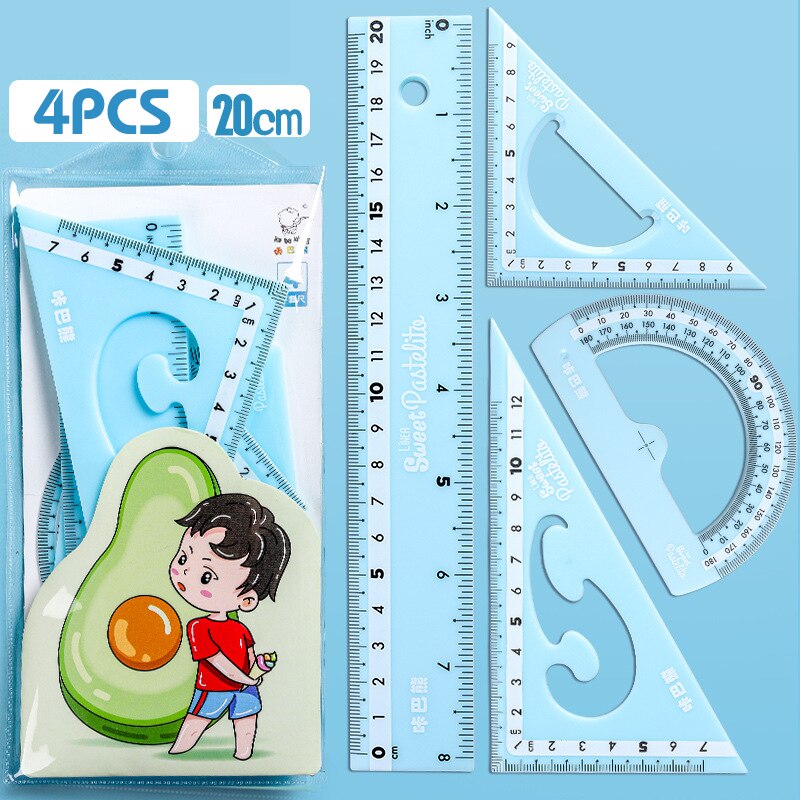 Juego de 4 Uds. LITZY de regla Kawaii, compás matemáticos, papelería escolar, reglas rectas de plástico de 15/20cm, suministros de oficina: Blue 20CM