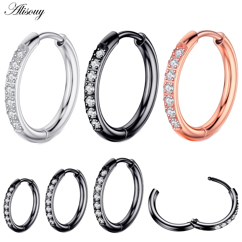 Alisouy 2Pcs Rvs Zirconia Crystal Kleine Ronde Cirkel Clip Huggie Vrouwen Mannen Hoepel Oorbellen Oor Helix Piercing Sieraden