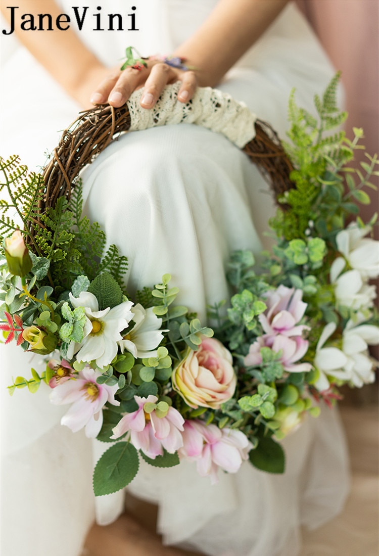 JaneVini Ronde Bruiloft Krans Bruidsboeketten Roze Kunstmatige Bloemenmand Bruid Boeket Bruidsmeisje Zijde Bloem Boeket Klopper