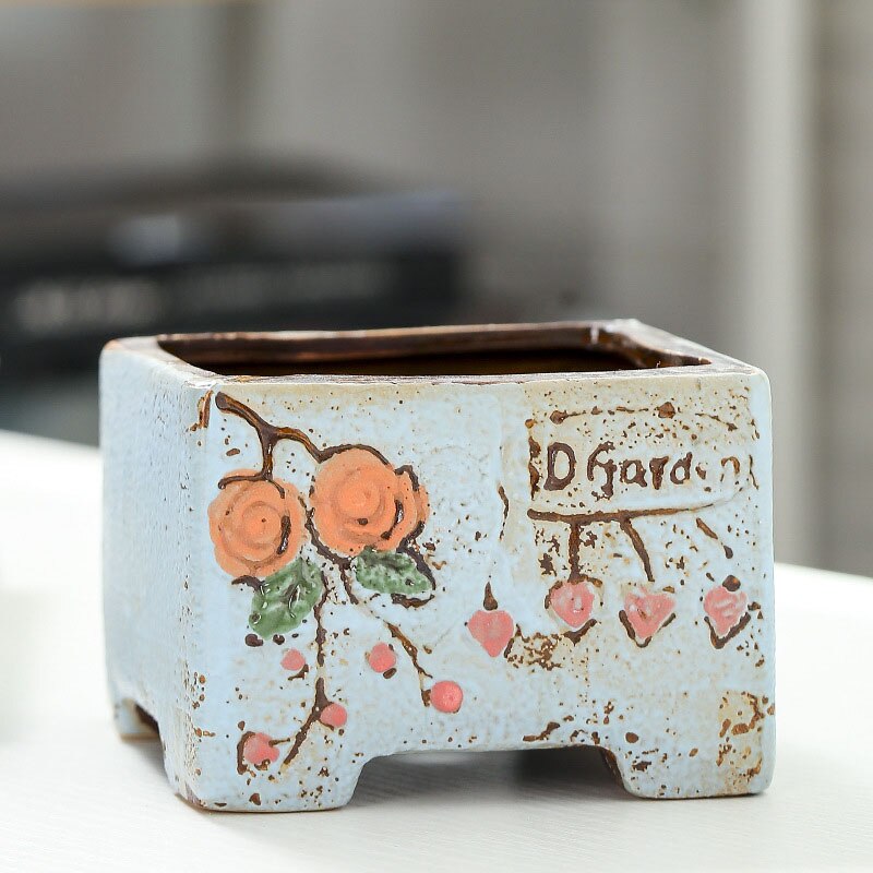 Strongwell Ademend Relief Handgeschilderde Bloempot Rechthoekige Keramische Planter Home Office Decoratie Succulent Bloempotten