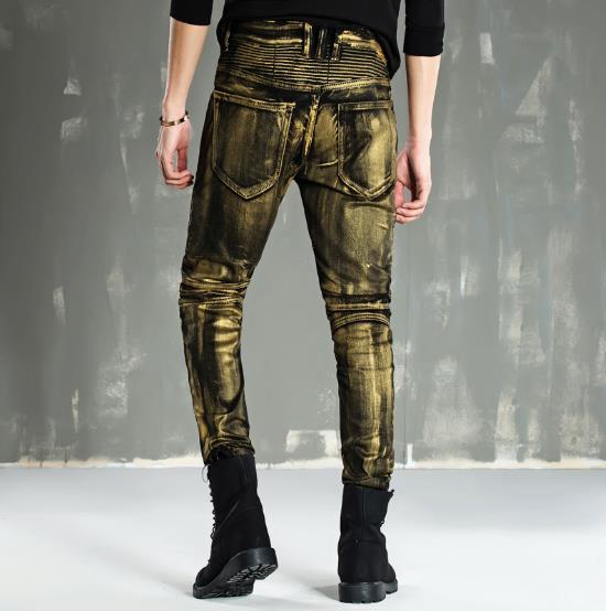 Pantalones estilo motero para hombre , vaqueros de motorista dorados y amarillos con revestimiento ostentoso, pantalones ajustados, pantalones de retales para hombre, vaqueros de talla grande para hombre