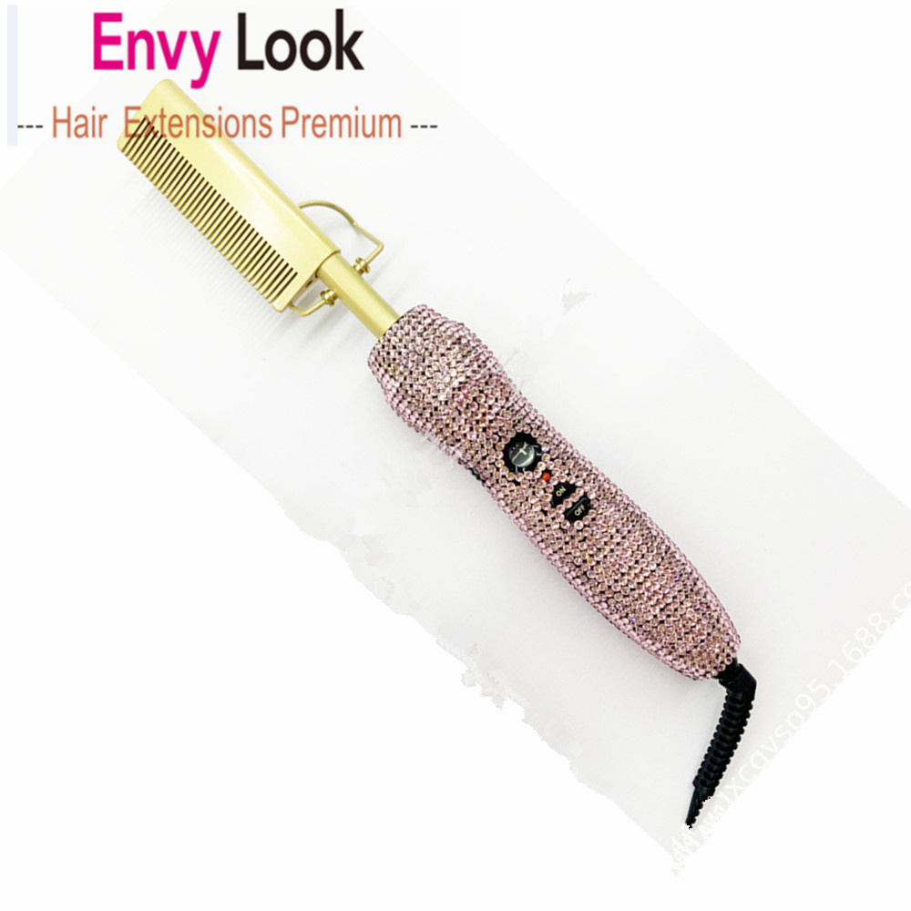 Crystal Electric Comb Hair Extension Straighter Color High Heat Flat Irons Straight Brush Wet Curl Dry Use For Black Women: EU Pink