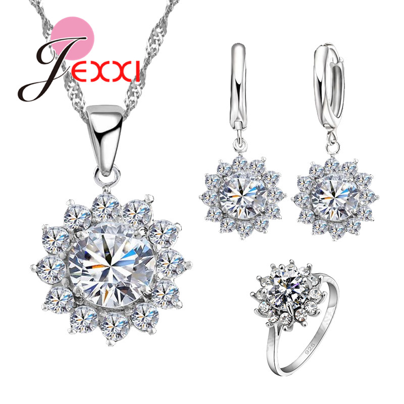 Charmant Zirconia Zonnebloem 925 Sterling Zilveren Sieraden Sets Oorbellen Hanger Ketting Ringen Set Valentijn Dag