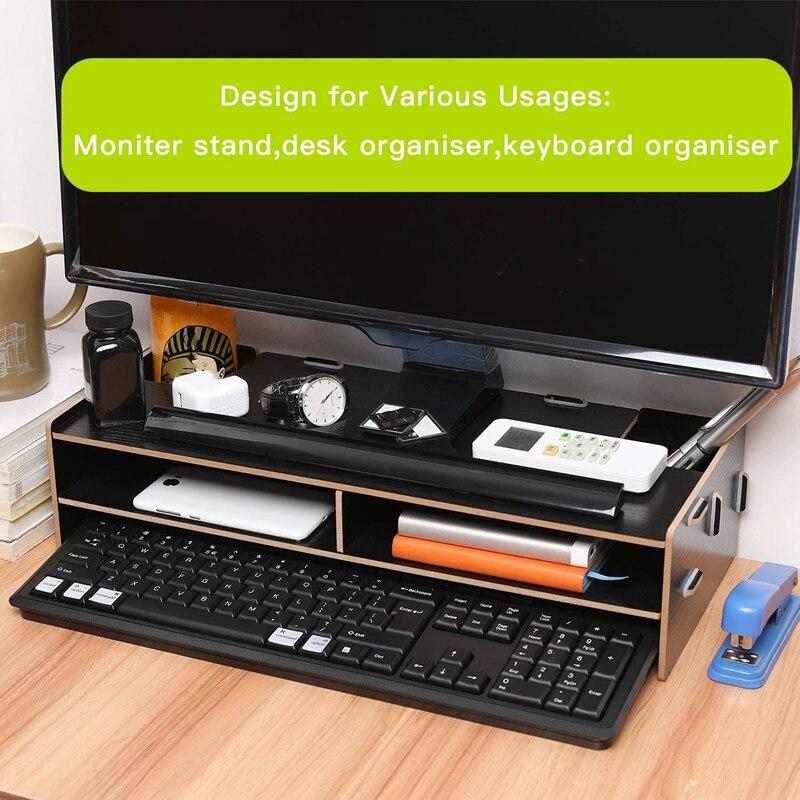 Wood Monitor Stand Multifunctional Office Desk Organiser Desktop Computer Screen Riser for TV, PC, Laptop