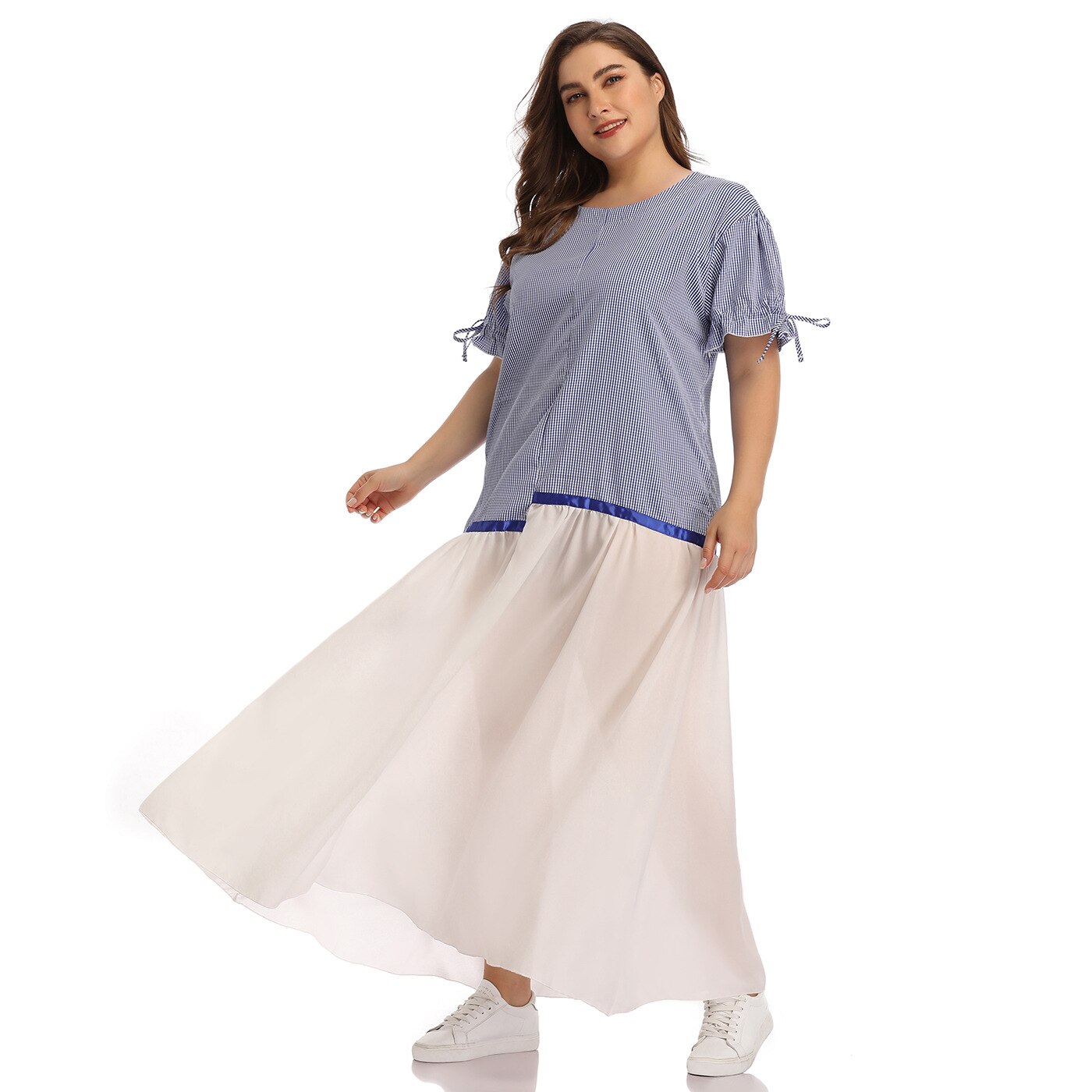 Strand Jurken Plus Size Vrouwen Zomer Korte Mouw Gestreepte Print Mesh Patchwork Maxi Lange Jurk Tuniek Losse Oversized Jurk