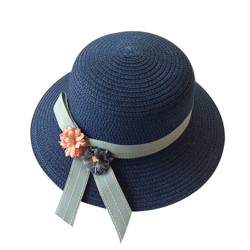 Chapeau de paille à fleurs pour filles, Panama, casquette de soleil pour enfants, chapeaux d&#39;été pour bébés: Marine Bleu