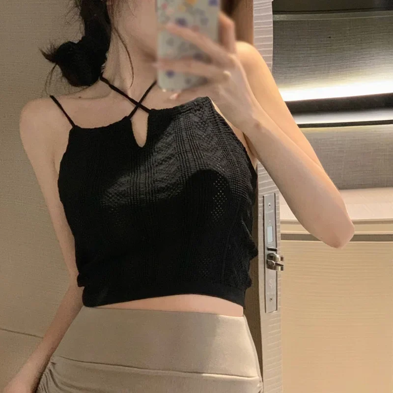 Kvinder sexede halterneck tanktoppe sommer udhulede strikkede ensfarvede cropped toppe dame camisole med stropper crop top til kvinder tanktoppe
