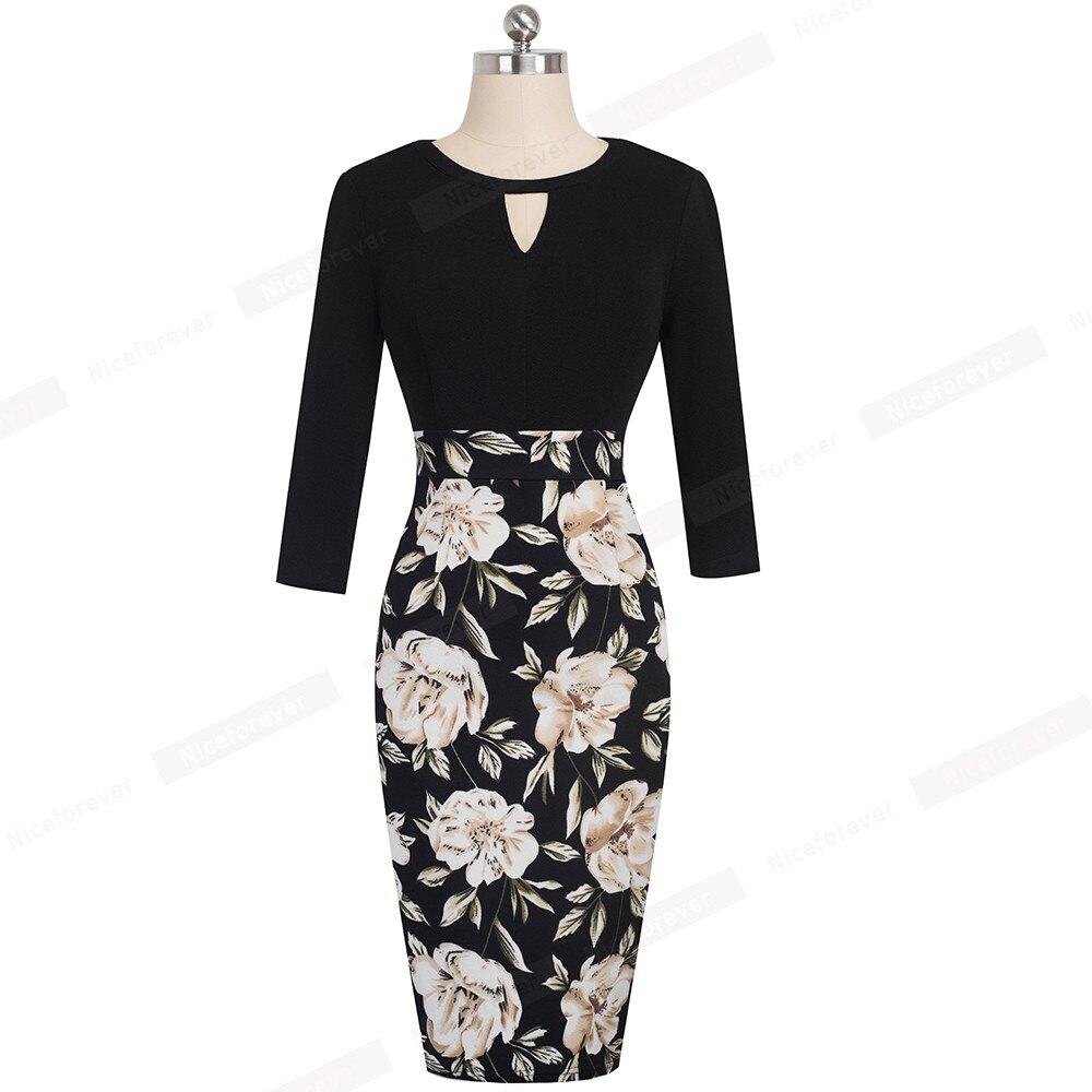 Nice-forever blomsterprint patchwork kontor hult vestidos forretningsfest efterår bodycon kvinder kjole  b556