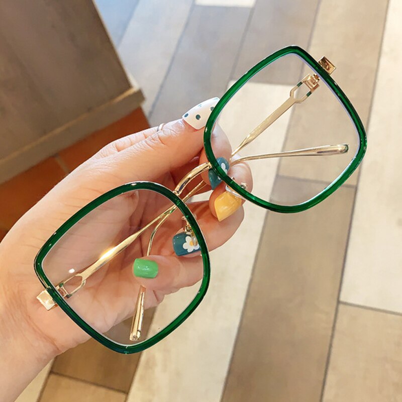 Anti-blå lyse computerglas til kvinder mærke legering firkantede klare briller stel kvindelig nærsynethed briller grøn orange: Grøn klar