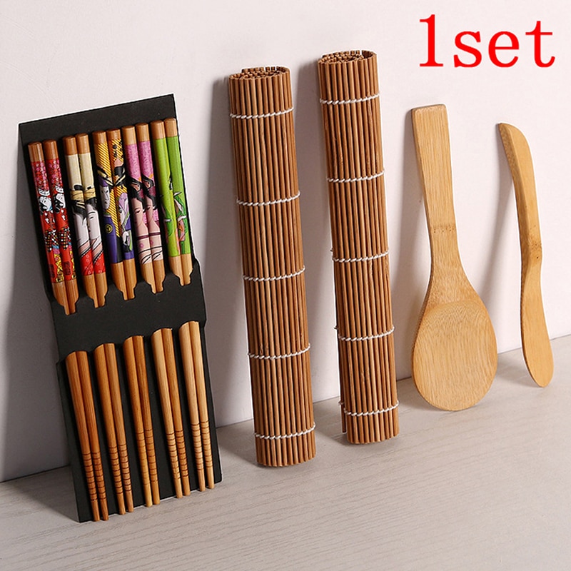 Juego de utensilios de cocina para hacer Sushi, 1 Juego de cortinas de Sushi, Kits de preparación de arroz de Sushi, herramientas de cocina, palillos, cuchara, cuchilla de Sushi