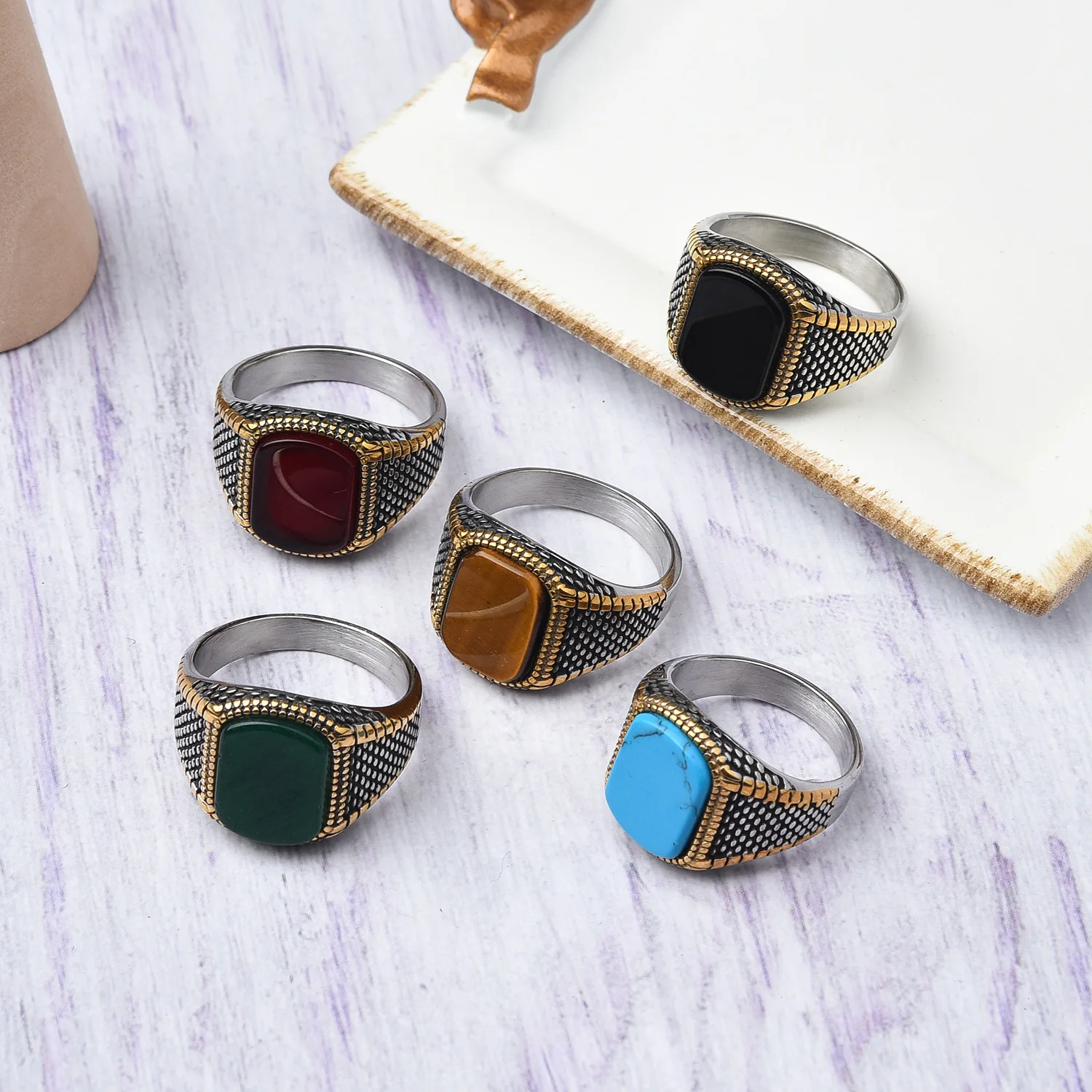 Herren hochwertige 316l edelstahl onyx vergoldete ringe klassiske modetrend schmuck produkt