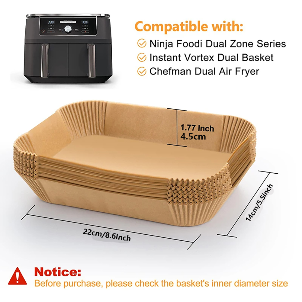 Revêtement en papier de cuisson jetable pour friteuse à air rectangulaire, plateau en papier d'huile de silicone antiadhésif de alimentaire, four à micro-ondes, cuiseur de cuisine
