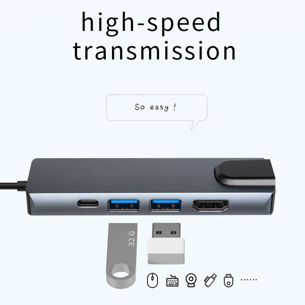 4K HDMI-compatible 2 USB3.0 PD RJ45 Adapter Notebook Smartphone Expansion Converter 5 in 1 USB 3.1 Type-C HUB Converter Splitter