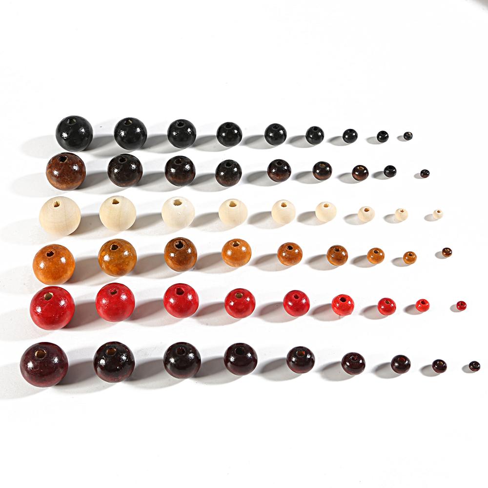 Perles Rondes en Bois Naturel, Noires, Brunes, Rouges, pour Travaux Manuels, Accessoires de Bijouterie, 4, 6, 8, 10, 12, 14, 16, 18, 20mm, Lot de 20 à 100 Pièces