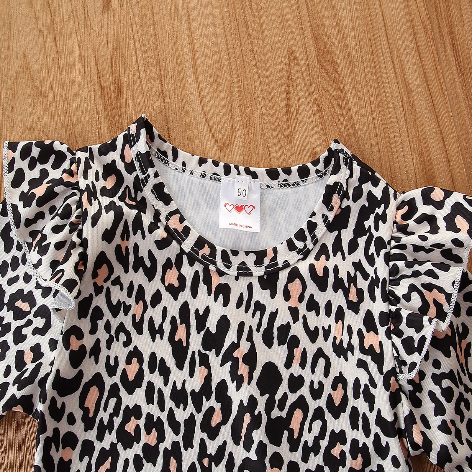 Baby Girl Fall Shirt, Pants Suit, Leopard Printed Round Neck Long Sleeve Ruffle Top, Sports Running Bell Bottoms