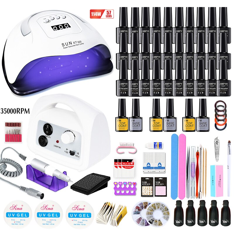 Manicure Set and Electric Nail Drill Machine with 114W UV Led Nail Lamp Drying Nail Set 30/20/18/10 Colors UV Nail Polish Kit: 114w 30 colors white