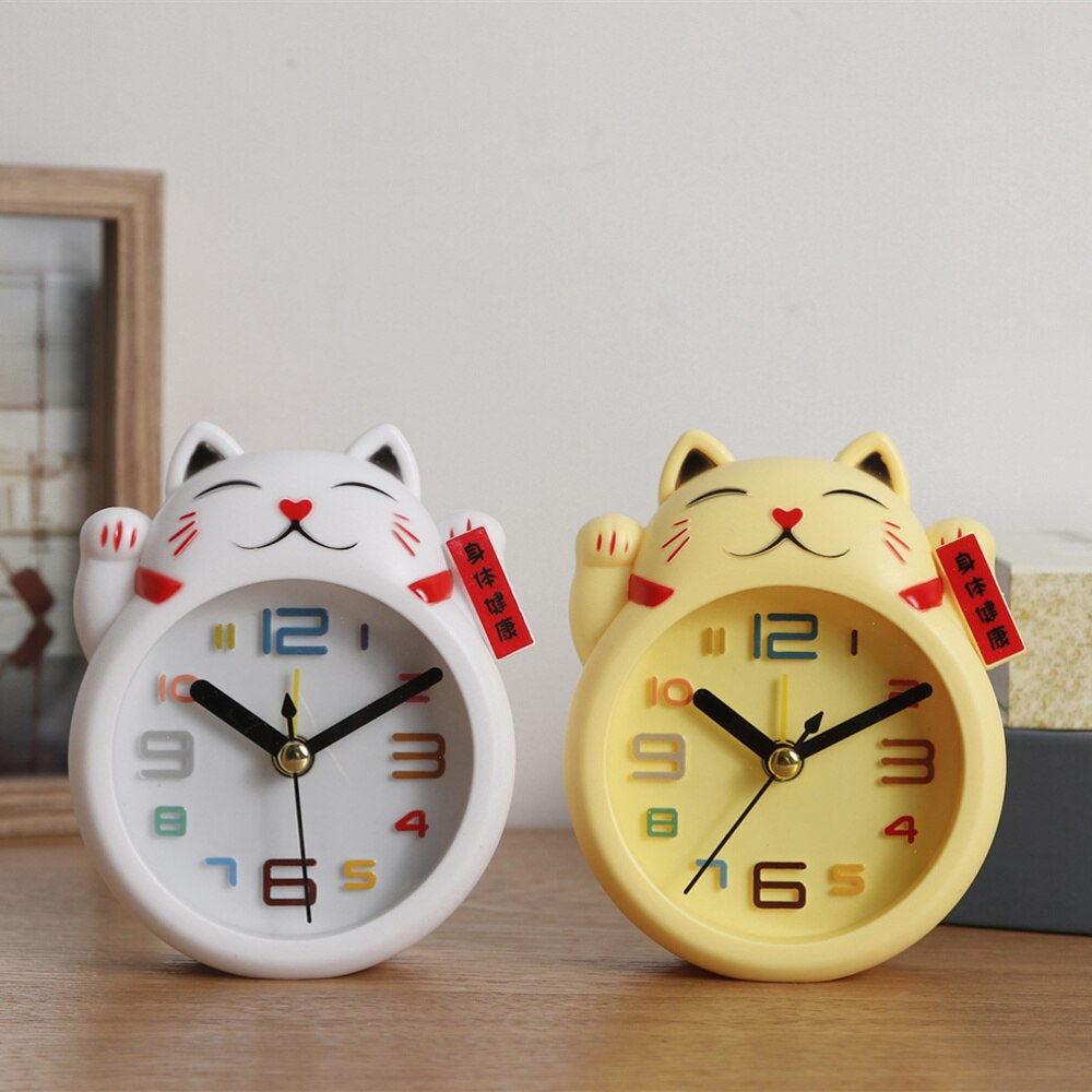 1pc Lucky Cat Alarm Clock Desk Clock Cute Cartoon Cat Shape Alarm (White without Battery Random Font Style)