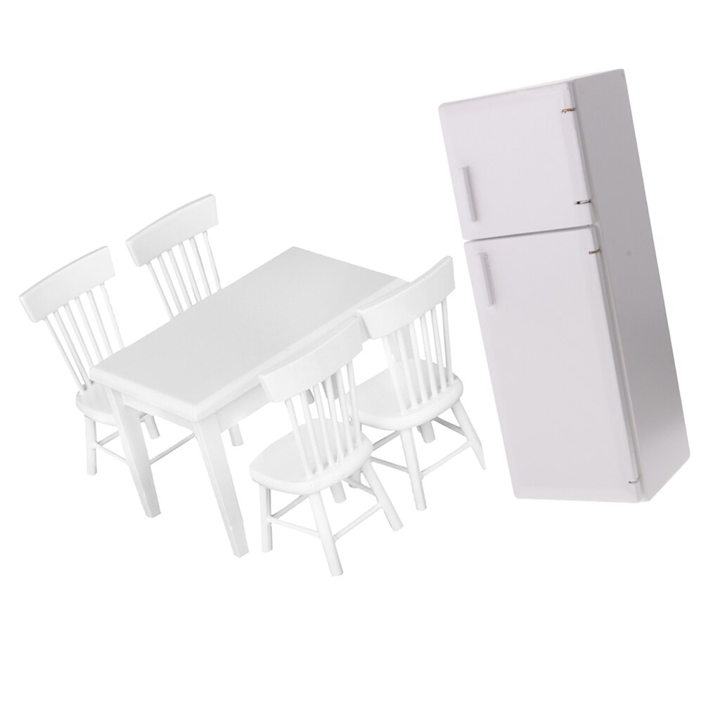 1/12 Dollhouse Modern Sense Kitchen Decor Refrigerator & White 5pcs Table Chair Set Accessories