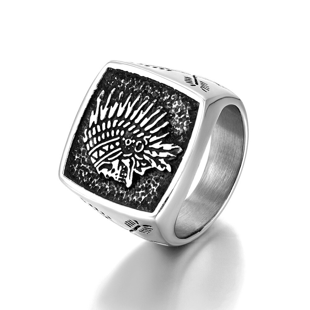 Bague Vintage crâne de guerrier indien, Punk Rock, crâne de chef indien, anneaux en métal lourd en acier inoxydable, bijoux de motard,: 12