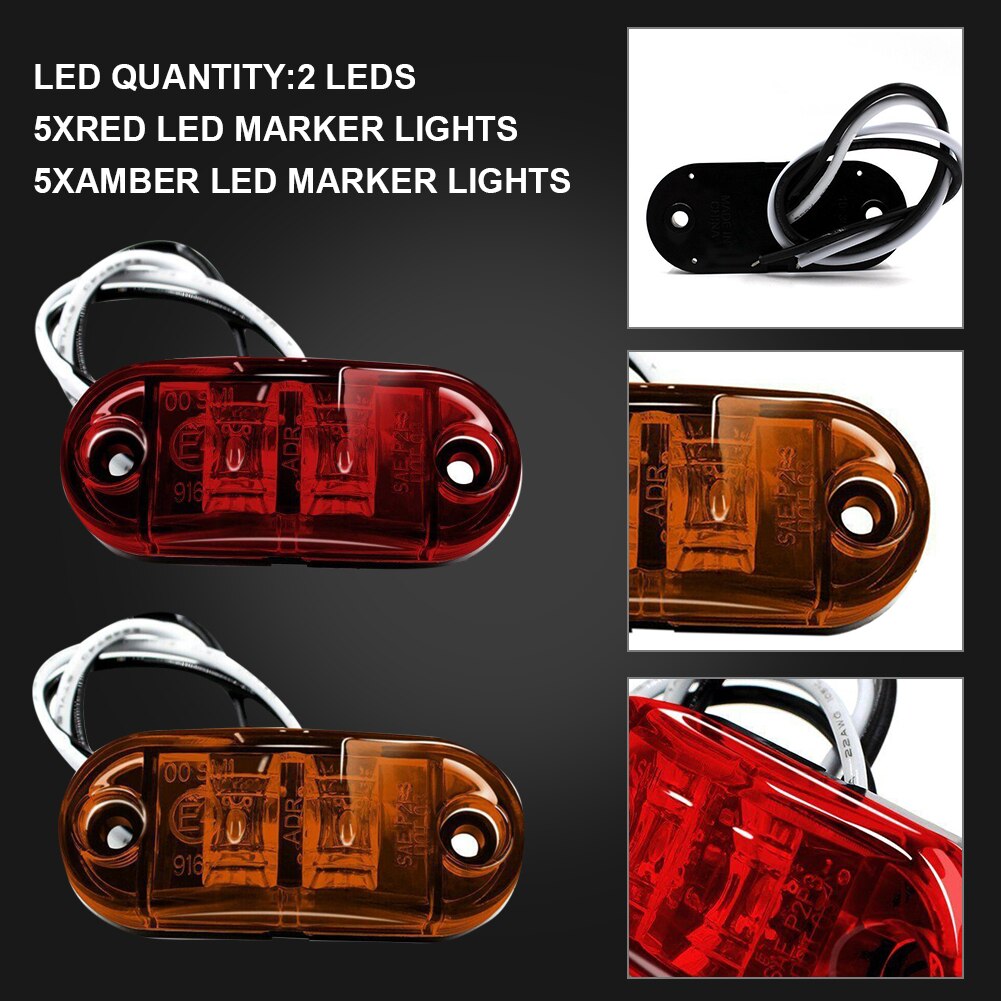 Red LED Car Side Marker Lights for Trailer Truck Pickup RV Oval 2.5" 5pcs Amber and 5pcs