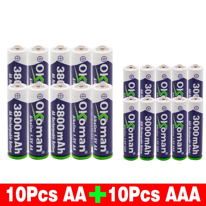 High capacity 1.5V AAA 3000mAh Alkaline Rechargeable battery + 3800 mAh AA Alkaline battery for LED light toy clock MP3 player: Blue