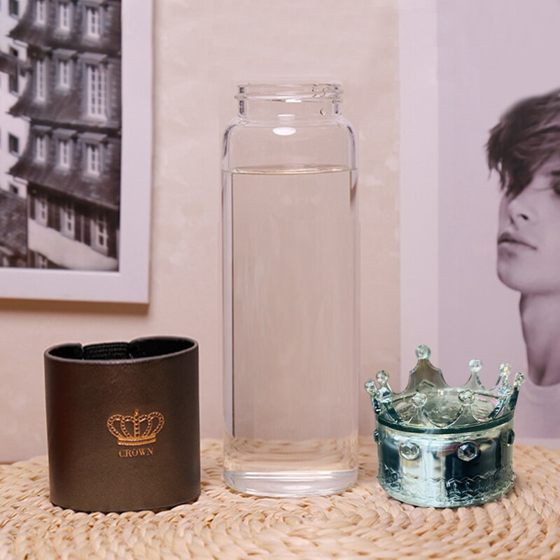 Glass Water Bottle With Crown LId Black Golden Portable High Borosilicate Heat Resistant Sports Water Bottle