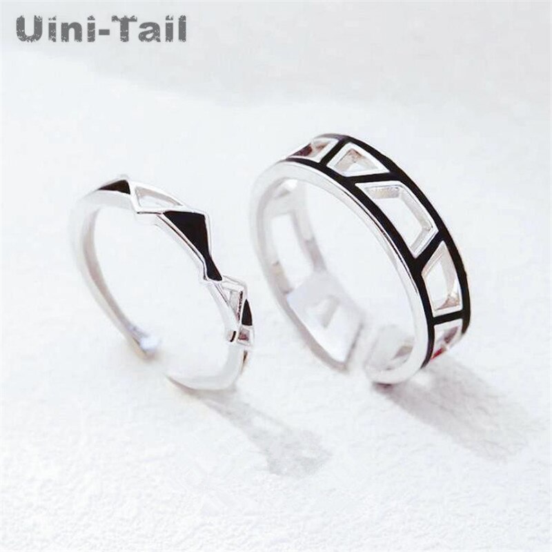 Uini-tail-anillo abierto prismático para parejas, de Plata de Ley 925 a la , joyería de esquina hueca negra simple: Men