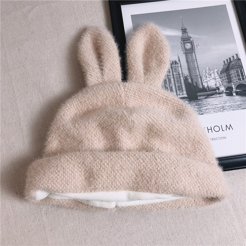 Women's Hats Autumn Winter Lamb Plush Soft Cute Ears Warm Panama Casual Hats Skull Beanie Soft Knitted Beanie Cotton