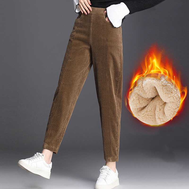 Plush Thick Casual Pants Women's Corduroy Warm Pants Autumn Winter Leggings High Waist Harem Pants Trousers Women Брюкиженские: XL / Dark Grey