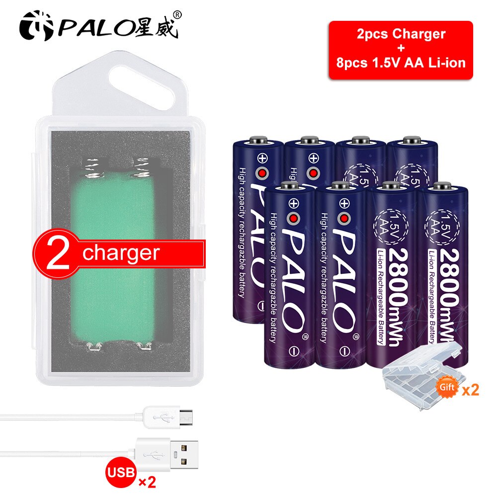 PALO 1.5V 2800mWh AA Rechargeable Li-ion Batteries - USB Charger Set: 8AA and 2 chargers