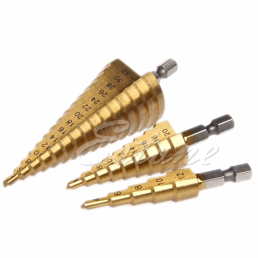 3Pcs Drill Bit Set Steel Titanium Nitride Coated Step Drill Bit Quick Change 1/4" Shank