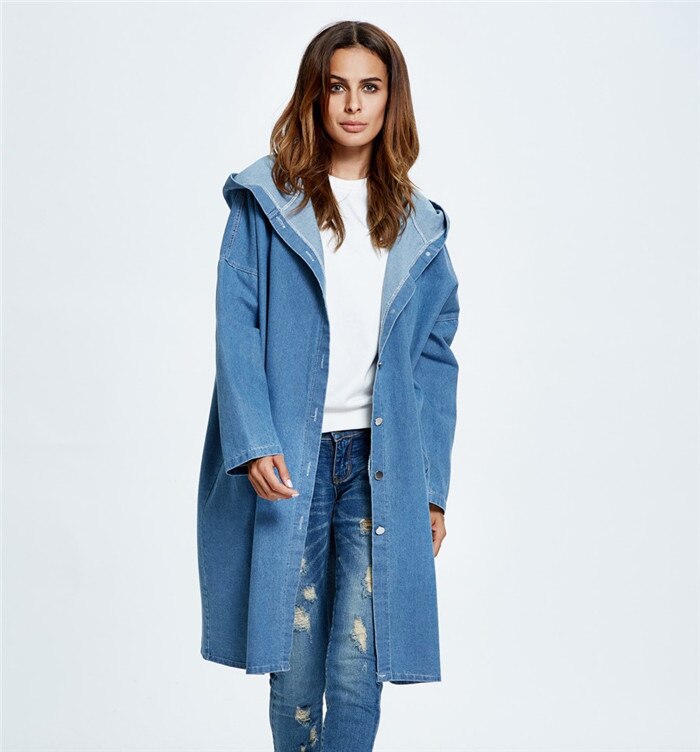 Gabardina vaquera de talla grande para mujer, abrigo largo de manga larga con capucha, rompevientos, básico, informal, primavera y otoño: Light blue
