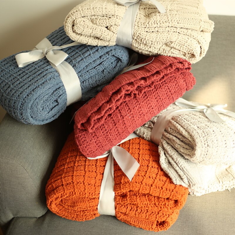 Nordisk retro chenille tæppe ensfarvet strikket tæppe seng ende tæppe sofa håndklæde seng ende ende håndklæde dækning  fg1310