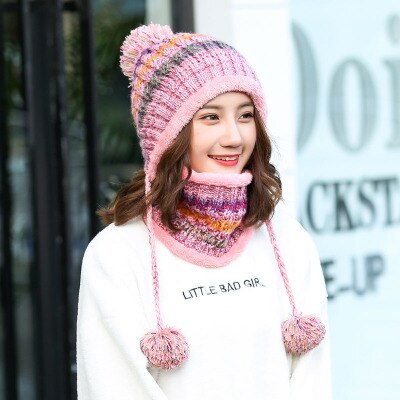 BINGYUANHAOXUAN-gorro de punto para mujer, gorros con bufanda, gorros, gorros de invierno cálido holgado para niña, gorros de lana para niña: pink