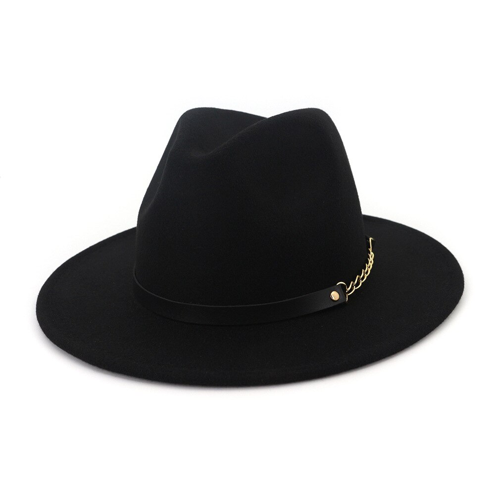 Efterår vinter filt fedora hatte med bælte bred flad kant jazz trilby formel top hat panama cap til unisex mænd kvinder: 4