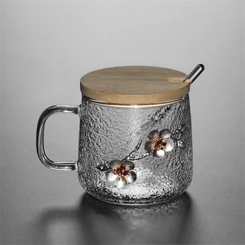 Heat Resistant Glass Coffee Mug with Lid and Spoon Office Silver Inlay Plum Blossom Teacup Transparent Hammer Pattern Milk Cup: C set