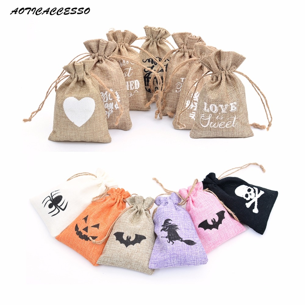 Petit sac de petites friandises de mariage en toile de jute en Jute, avec cordon, pour bonbons, bijoux, café, décor de noël,