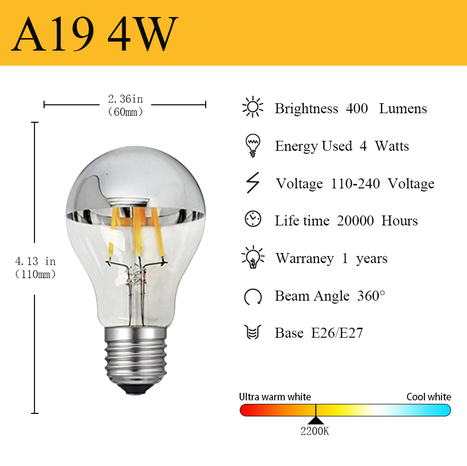 Bombilla Led Edison regulable A19 E27 4W 8W 220V cuenco plateado superior filamentos goteados bombilla Led medio cromo A60 corona lámparas de luz Vintage