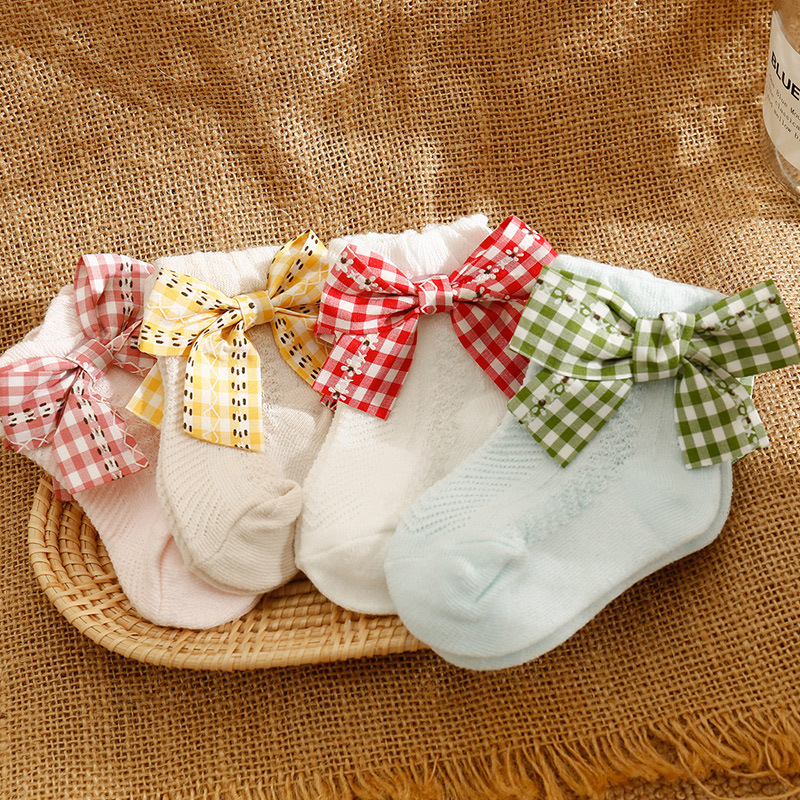 Adorável bebê meninas meias de algodão bebê recém-nascido primavera verão arco meias para a criança meninas macio respirável tornozelo meia