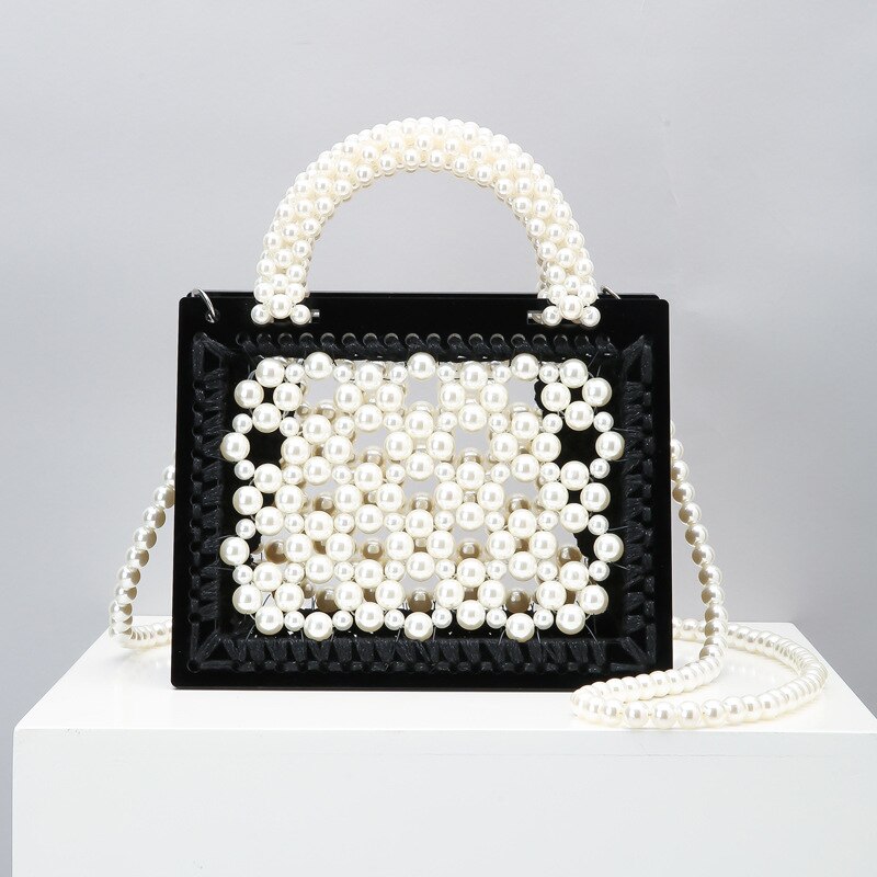Luxury Acrylic Pearl Evening Clutch Bags Women Handmade Beaded Clear Purses And Handbags Ladies Woven Shoulder Bag Wedding Party: Model B Black