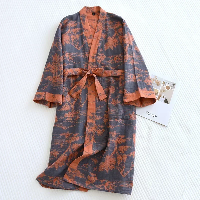 Damen-Bademantel aus bedruckter Baumwolle, Schließfach sitzender Bademantel, japanischer Stil, zum Binden, Kimono-Bademantel, schweißdampfende Baumwollpyjamas, Roben für Damen: XL / Blau