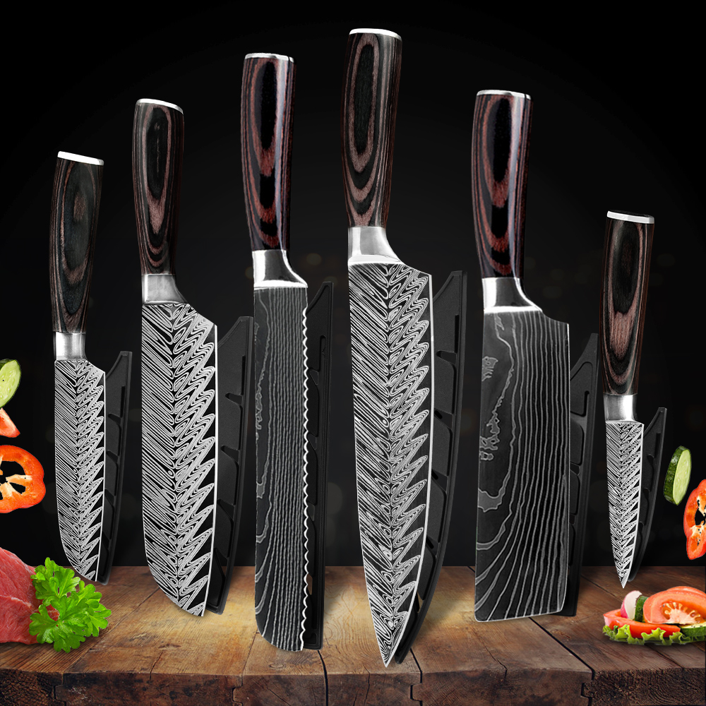 Køkkenkok sæt kniv rustfrit stål knivholder santoku værktøj skåret kløver brødskæreknive dæksel skede sag kantbeskytter