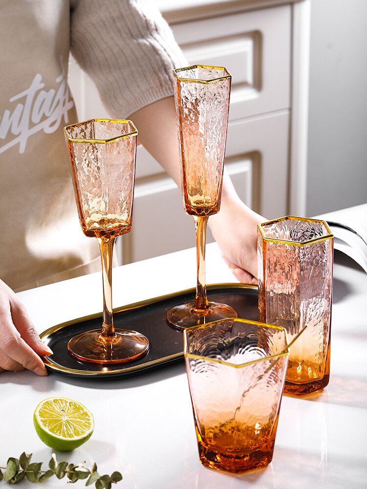 Japan Orange Color Wine Glass Geometric Hexagonal Champagne Goblet Tequila Whiskey Wine Glasses Home Barware