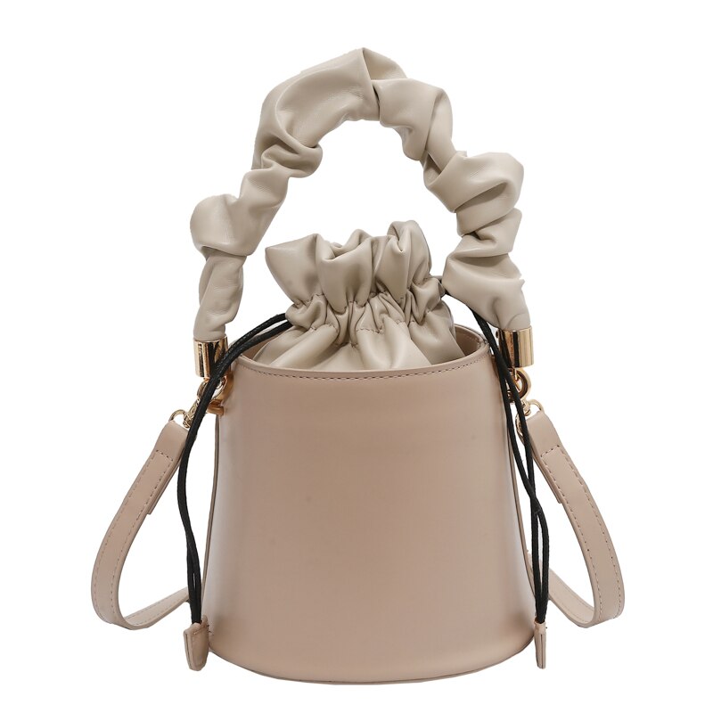 Solid Color PU Leather Women Drawstring Bucket Bags Ladies Small Shoulder Crossbody Bag Female Mini Handbag Purse: Khaki