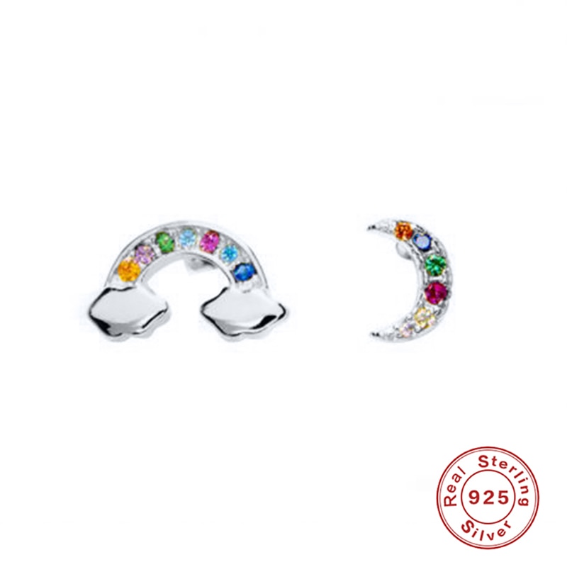ROXI Mini Rainbow Cloud Moon Crystals Stud Earrings for Women Girl Birthday 925 Sterling Silver Earrings Piercing Orecchini