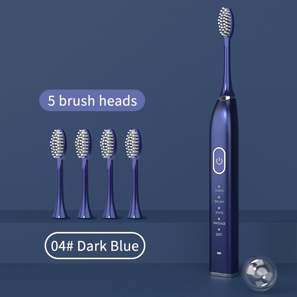 IPX7 Waterproof Tooth Automatic Ultrasonic Sonic Electric Toothbrush 5 Modes USB Rechargeable Electronic Teeth Whitening Brush: Dark Blue