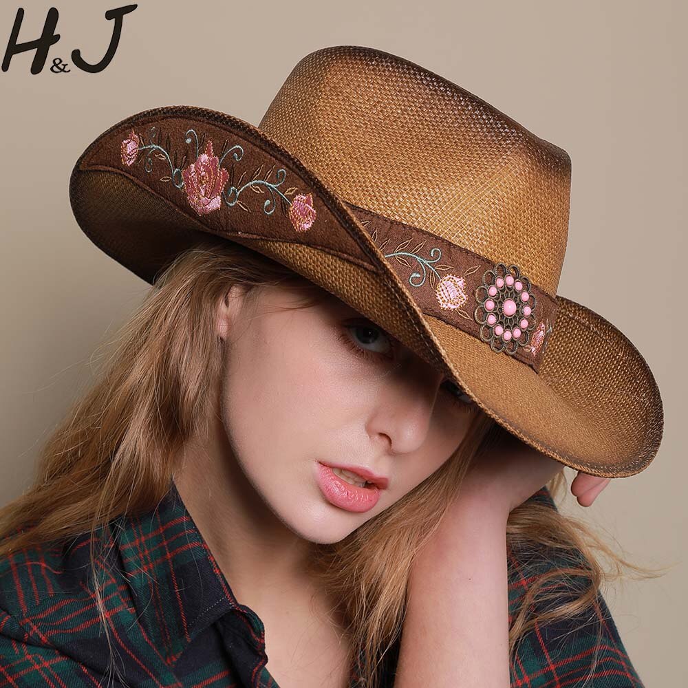 Kvinder western cowboy hat til sommer dame cowgirl sombrero hombre kasketter med håndarbejde broderi hatte størrelse 57-58cm