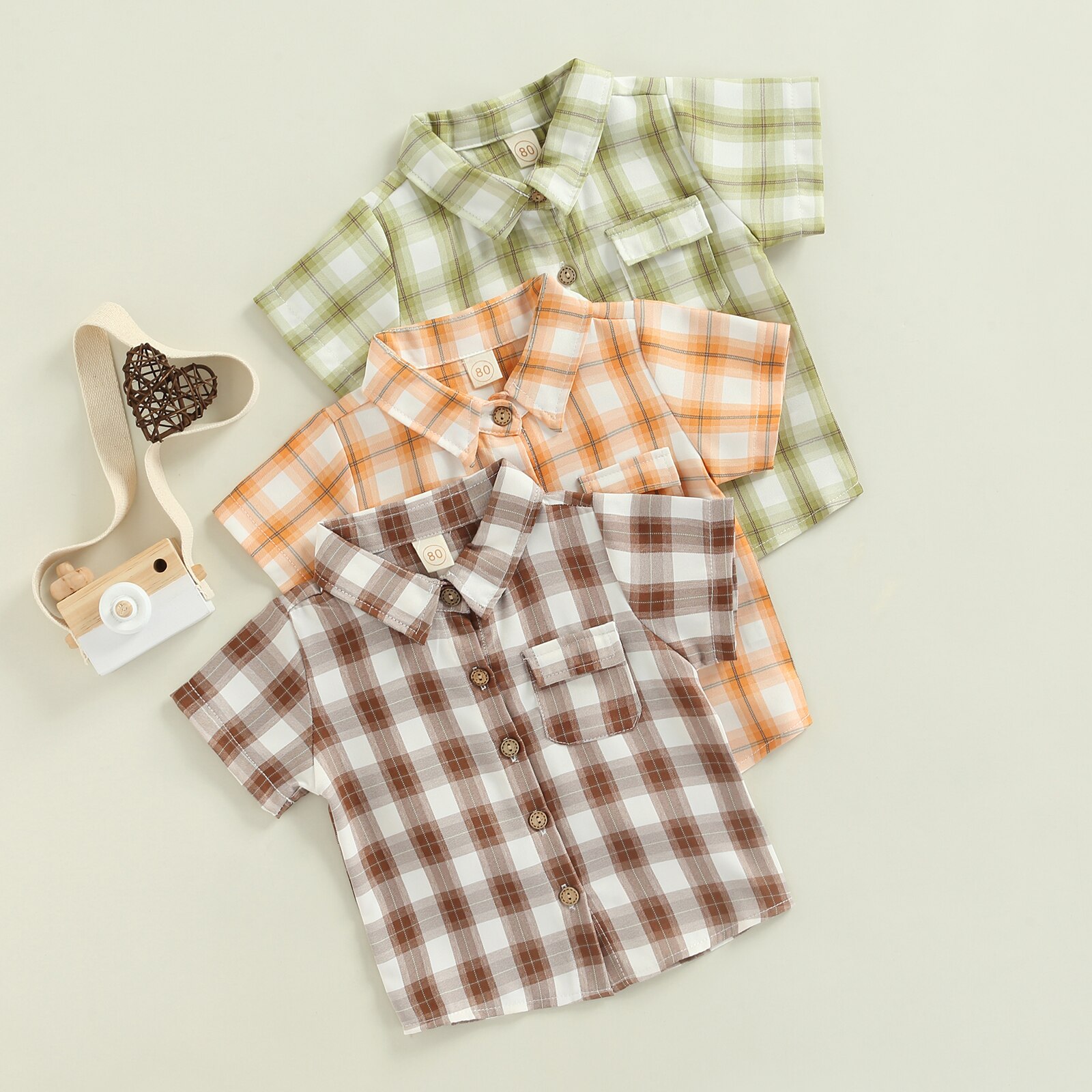 1-5Years Boys Short Sleeve Shirts Toddler Kid Lapel Buttons Contrast Color Plaid Shirts Tops