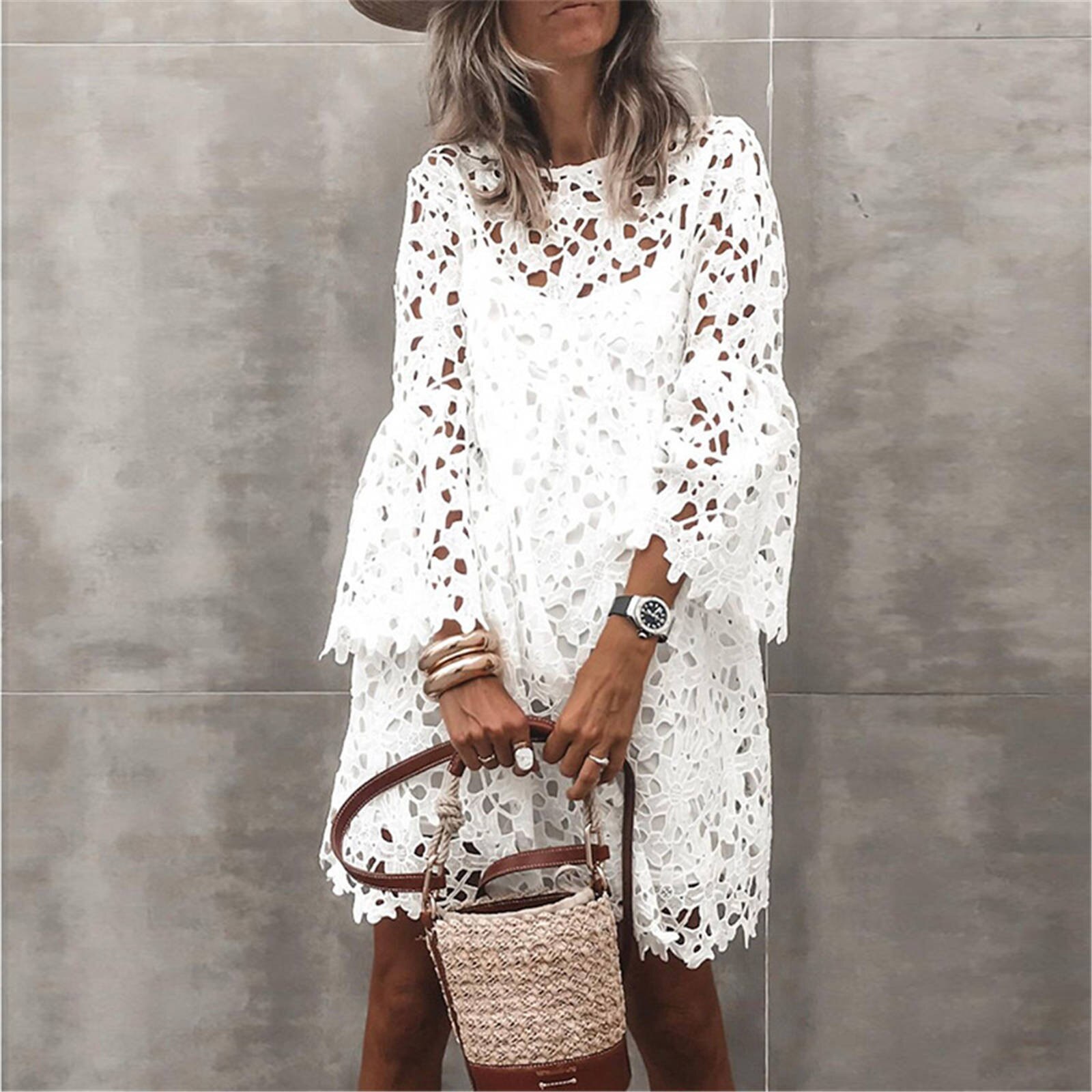 4# Summer Dress Round Neck Lace Trumpet Sleeve Ruffle Dress Long Sleeve Above Knee Mini Dress Robe Femme Платье Летнее: S